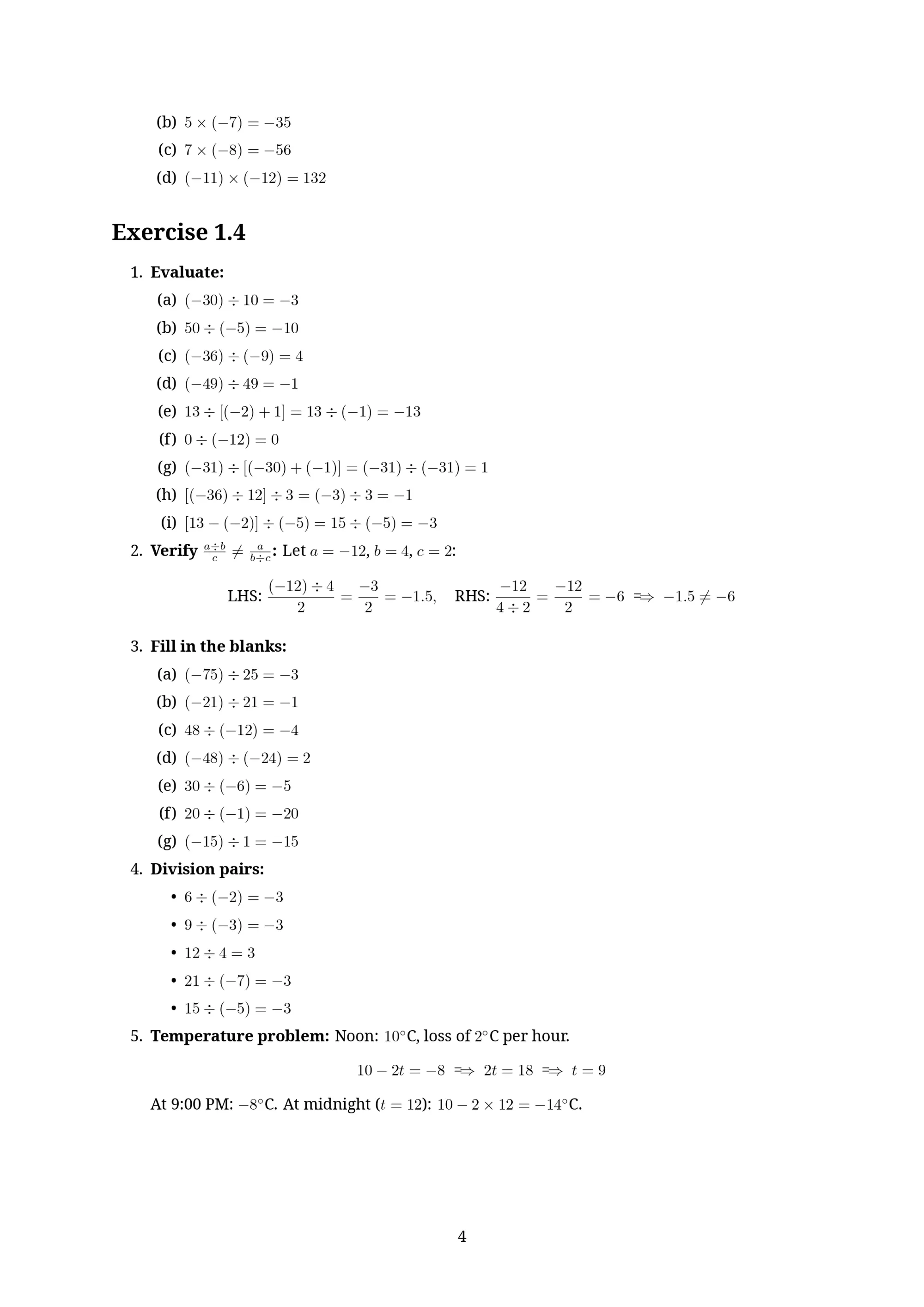 NCERT Solutions for Class 7 Maths Chapter 1 Integers Exercise 1.4