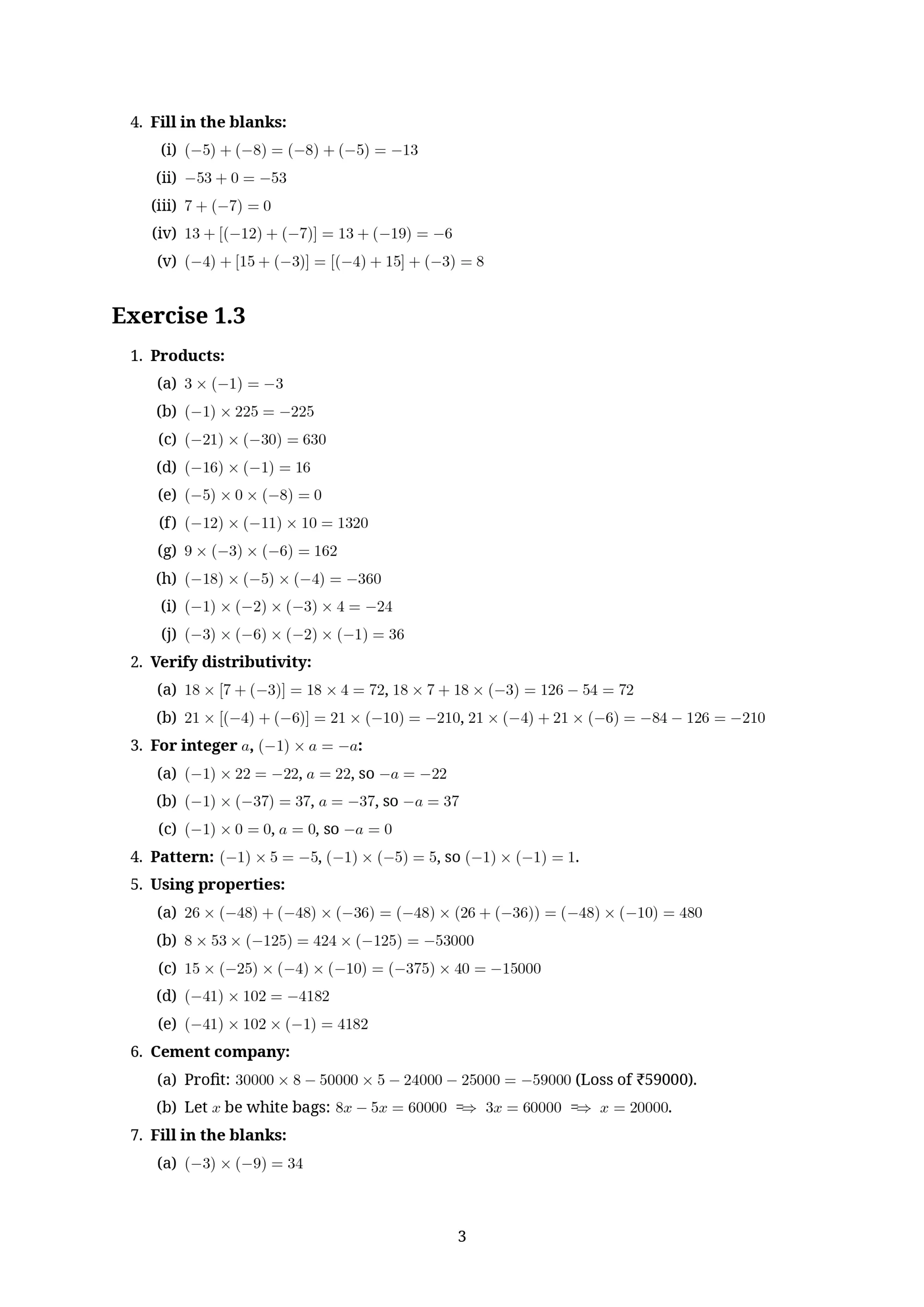NCERT Solutions for Class 7 Maths Chapter 1 Integers Exercise 1.3
