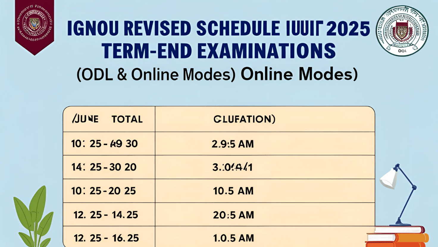 IGNOU Revised Schedule for June 2025 Term-End Examinations (ODL & Online Modes)